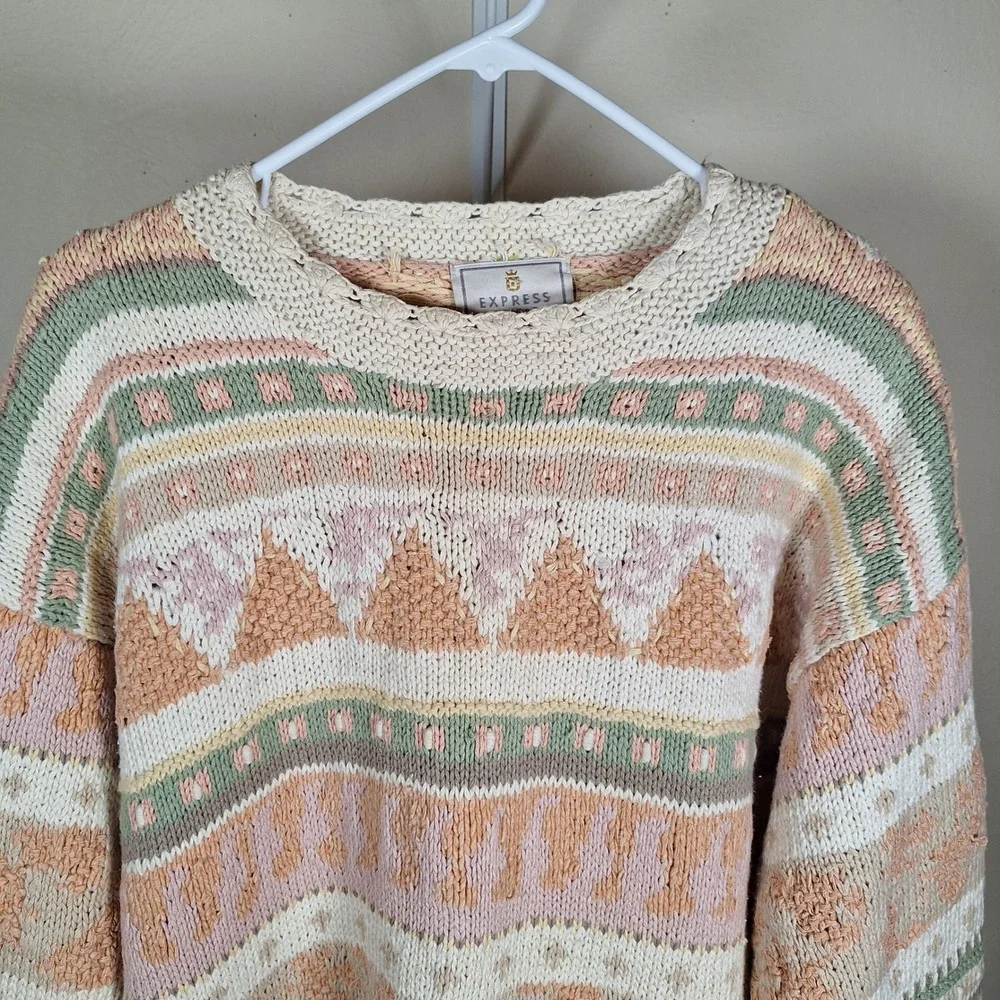 Express‎ Tricot Vtg Hand Knit Chunky Pastel Cottage Grandma Scallop Sweater S